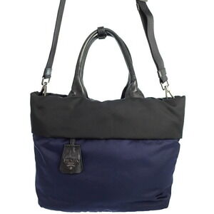 Prada Tessuto Double nylon leather 2way tote bag black navy blue